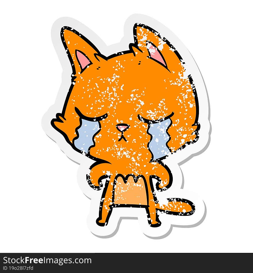 Distressed Sticker Of A Crying Cartoon Cat