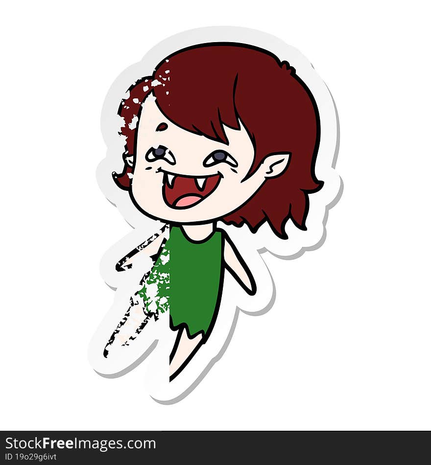 distressed sticker of a cartoon laughing vampire girl