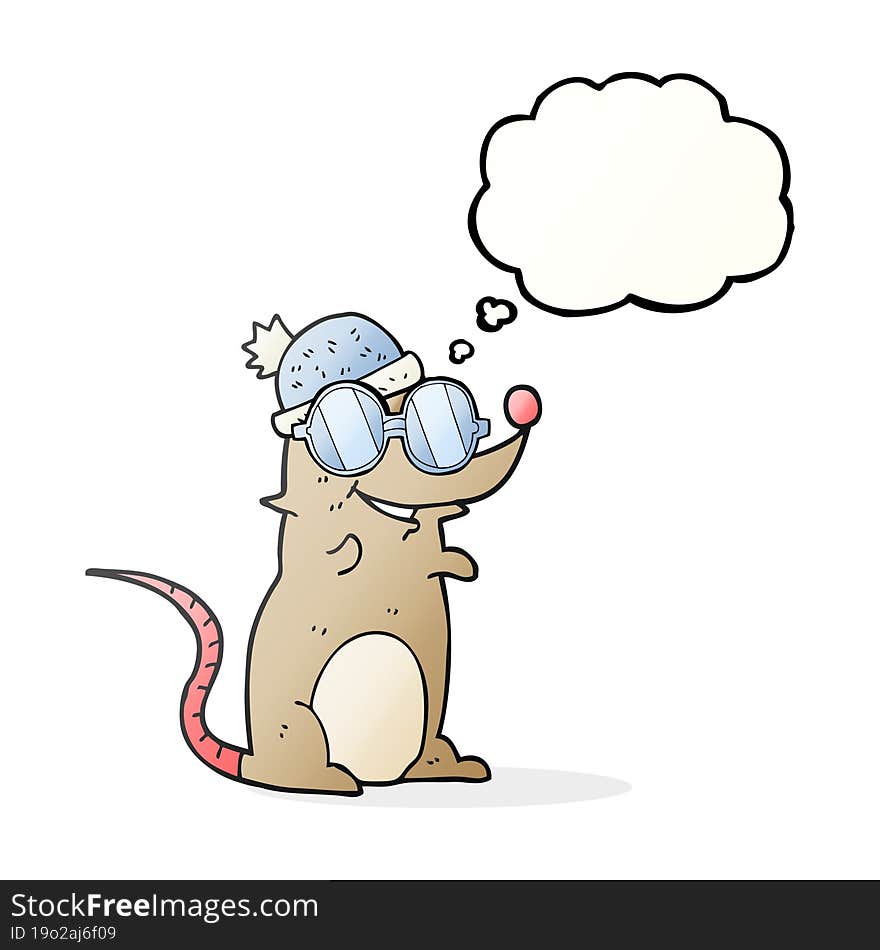 freehand drawn thought bubble cartoon mouse wearing glasses and hat