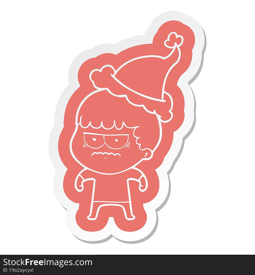 quirky cartoon  sticker of a annoyed man wearing santa hat