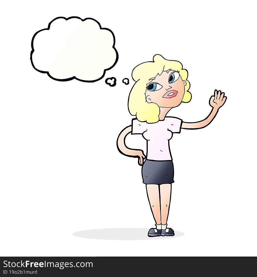 cartoon woman waving  with thought bubble