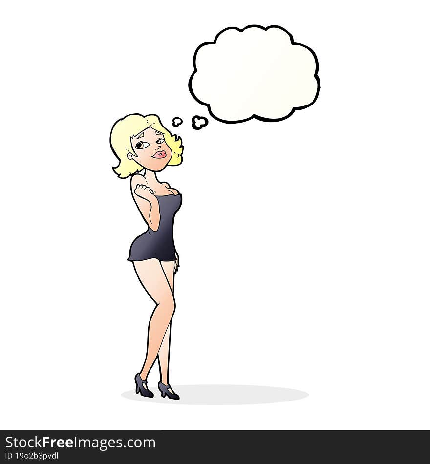 Cartoon Attractive Woman In Short Dress With Thought Bubble