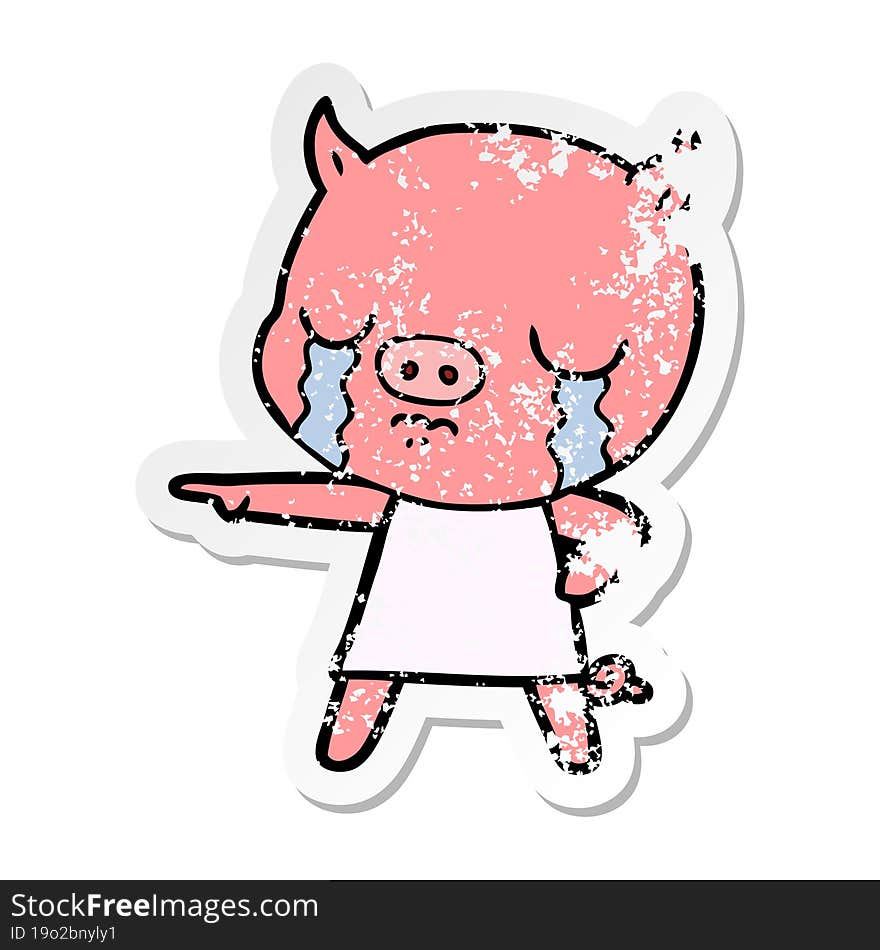 Distressed Sticker Of A Cartoon Pig Crying Pointing