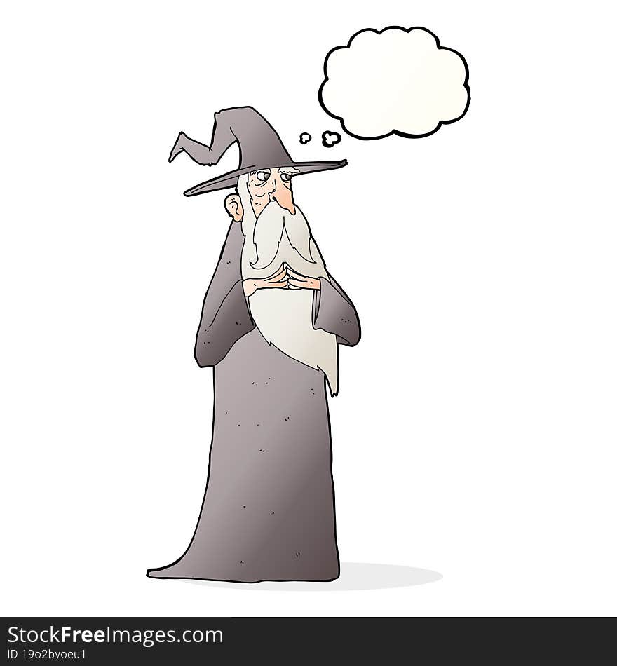 cartoon old wizard with thought bubble