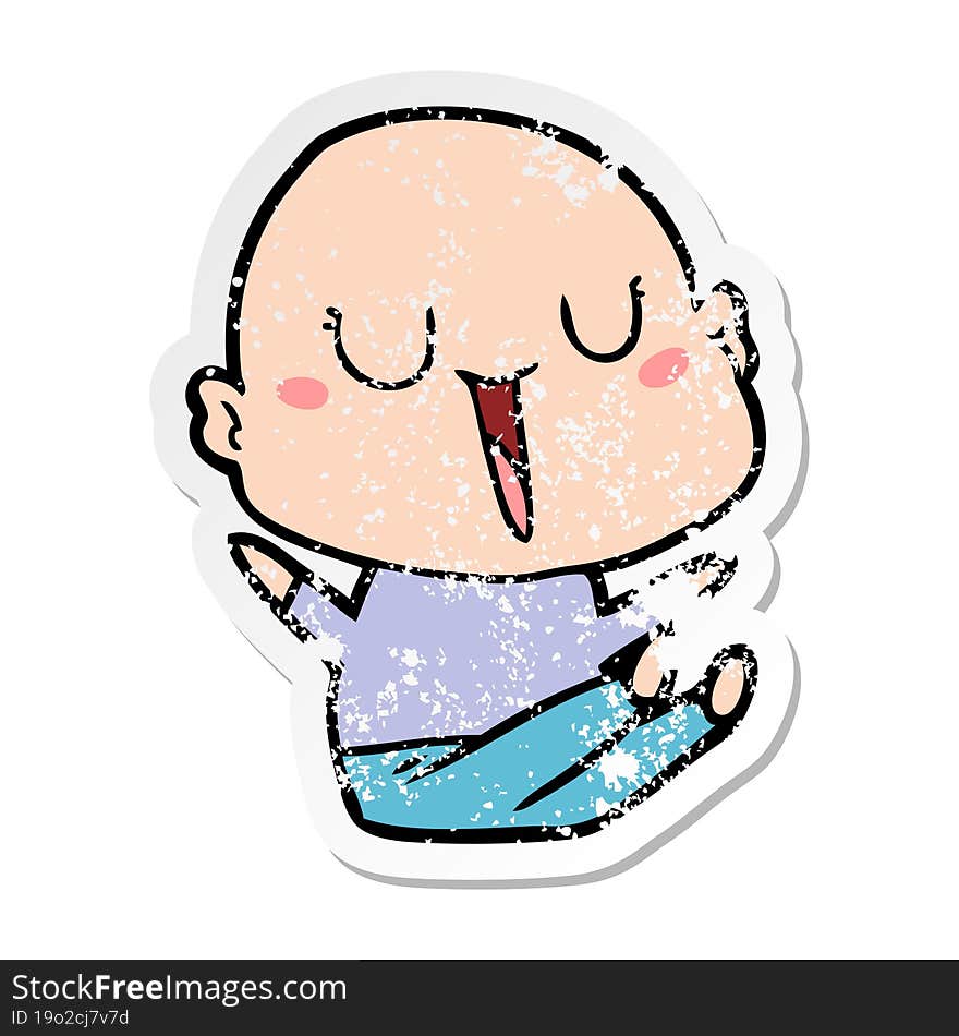 distressed sticker of a happy cartoon bald man