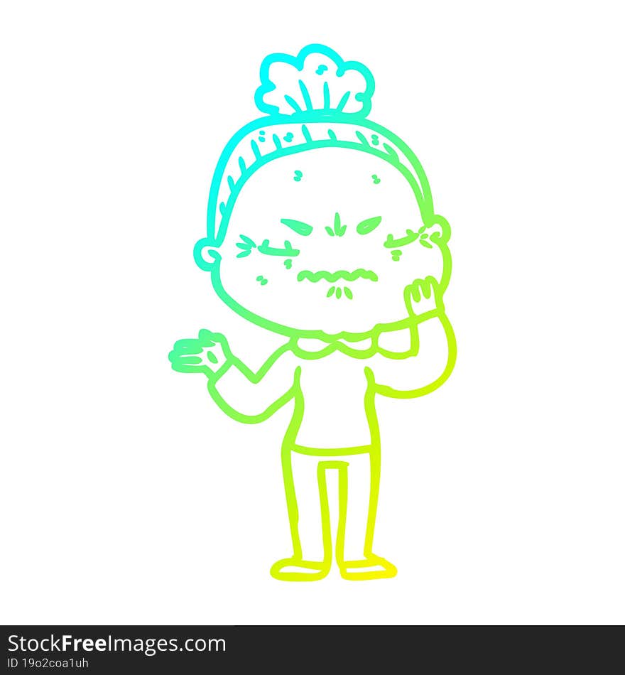 cold gradient line drawing of a cartoon annoyed old lady