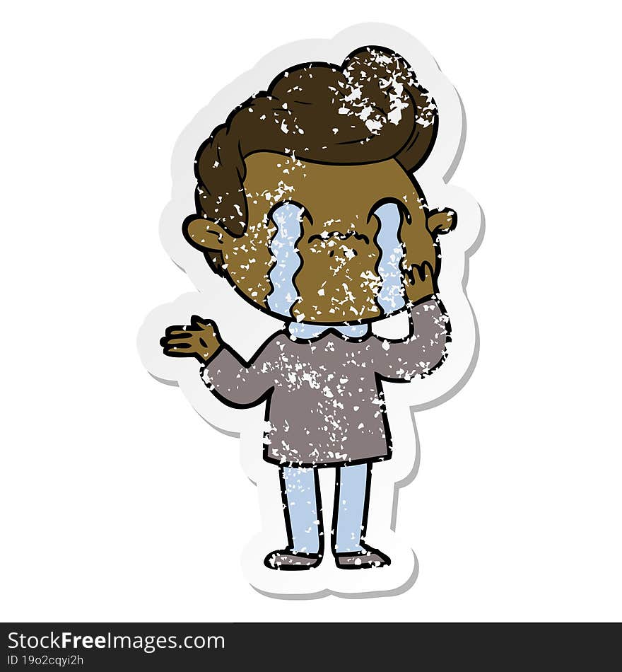 distressed sticker of a cartoon man crying