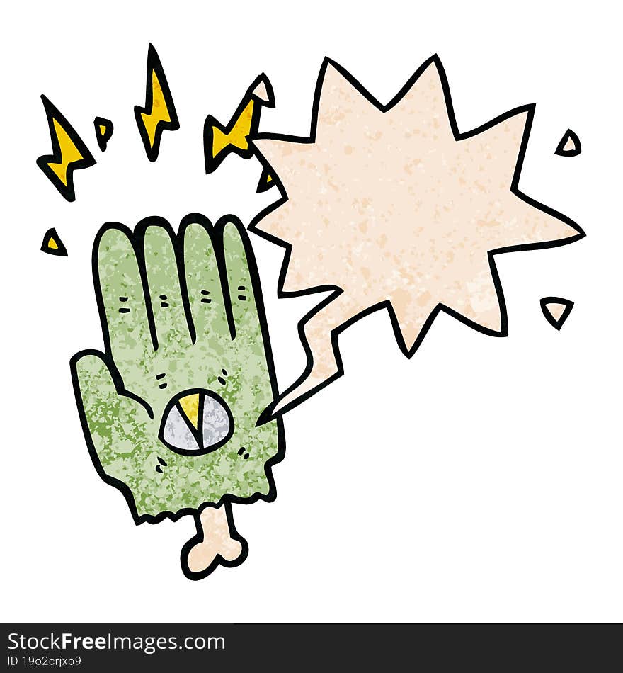 spooky halloween zombie hand with speech bubble in retro texture style