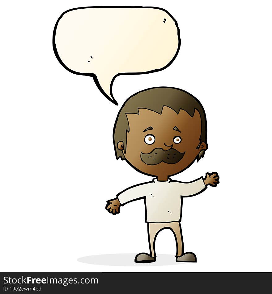 cartoon man with mustache waving with speech bubble