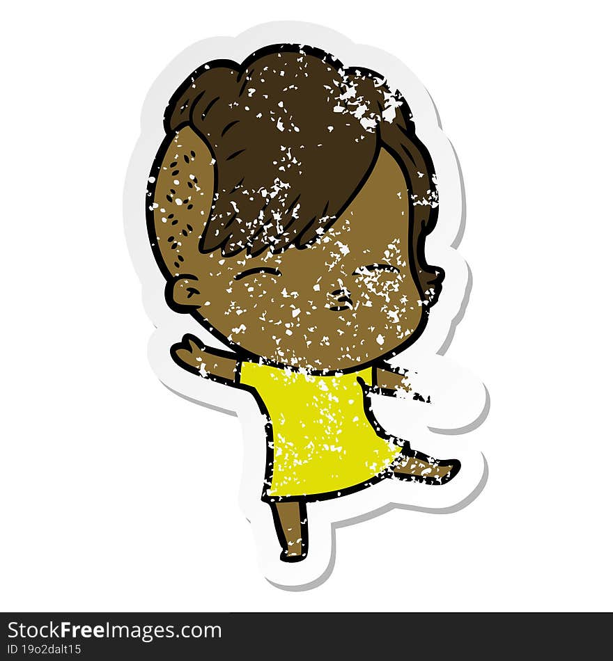 distressed sticker of a cartoon squinting girl