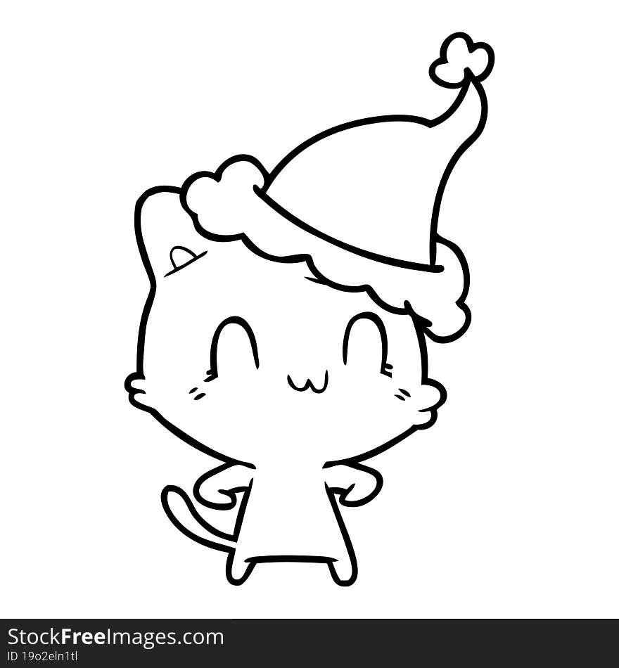 line drawing of a happy cat wearing santa hat