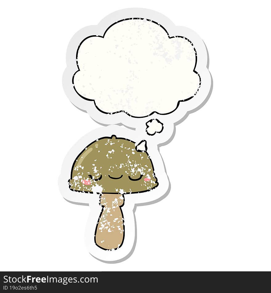 cartoon mushroom and thought bubble as a distressed worn sticker