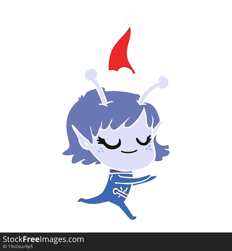 smiling alien girl flat color illustration of a running wearing santa hat