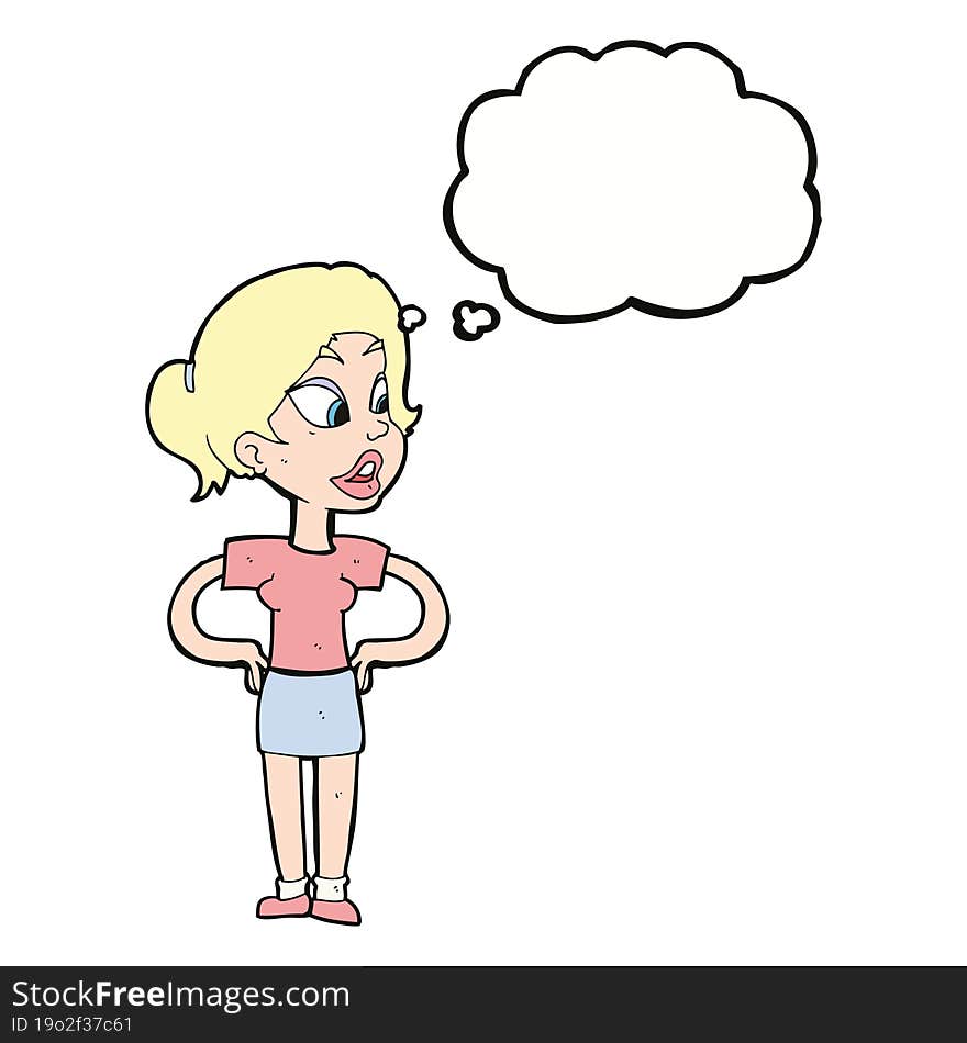 cartoon woman with hands on hips with thought bubble