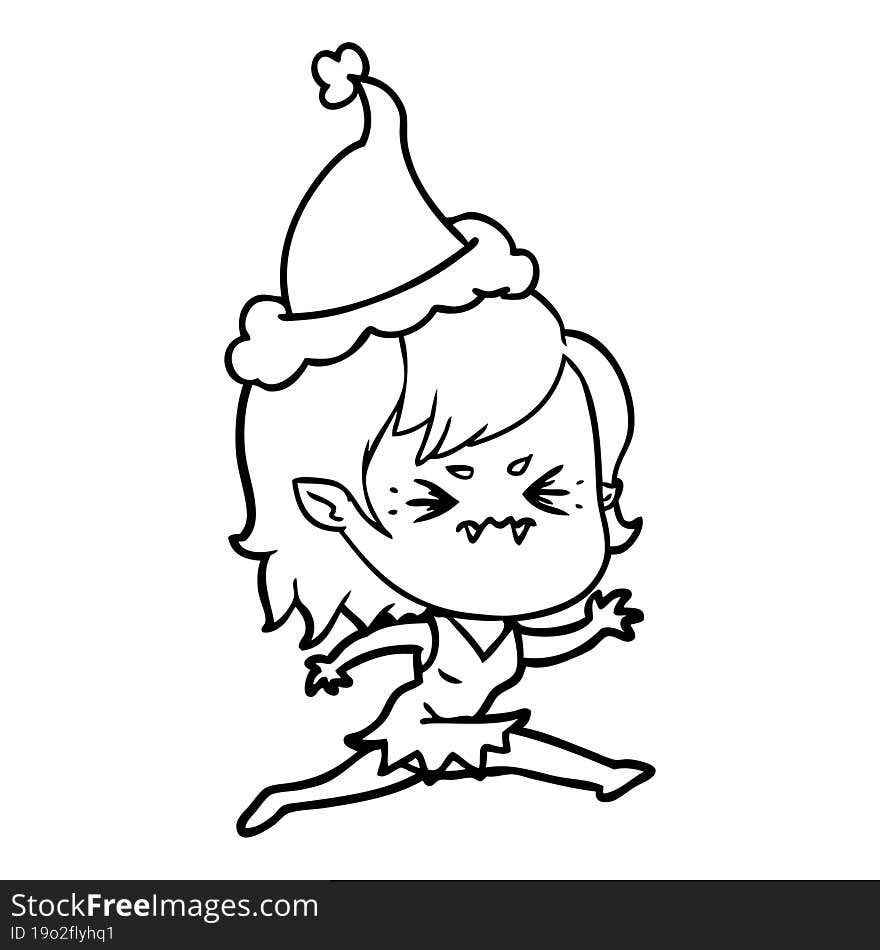 annoyed line drawing of a vampire girl wearing santa hat