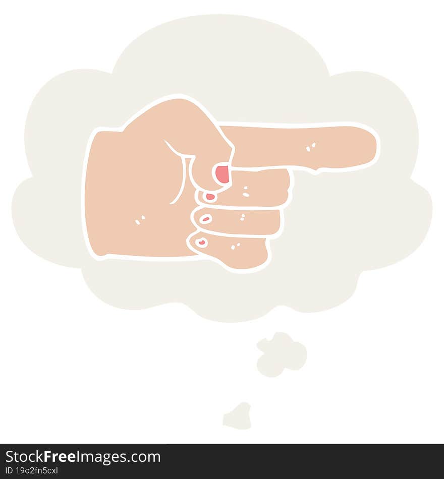 cartoon pointing hand and thought bubble in retro style