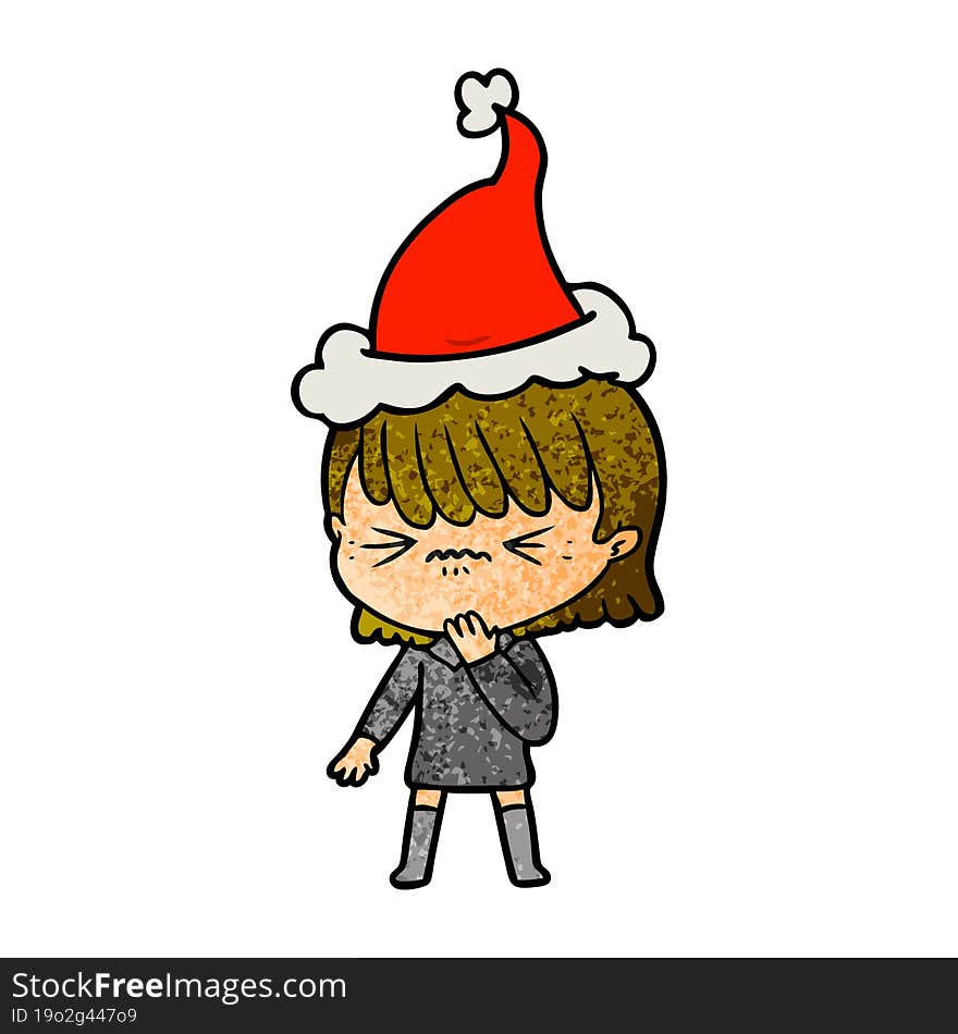 textured cartoon of a girl regretting a mistake wearing santa hat