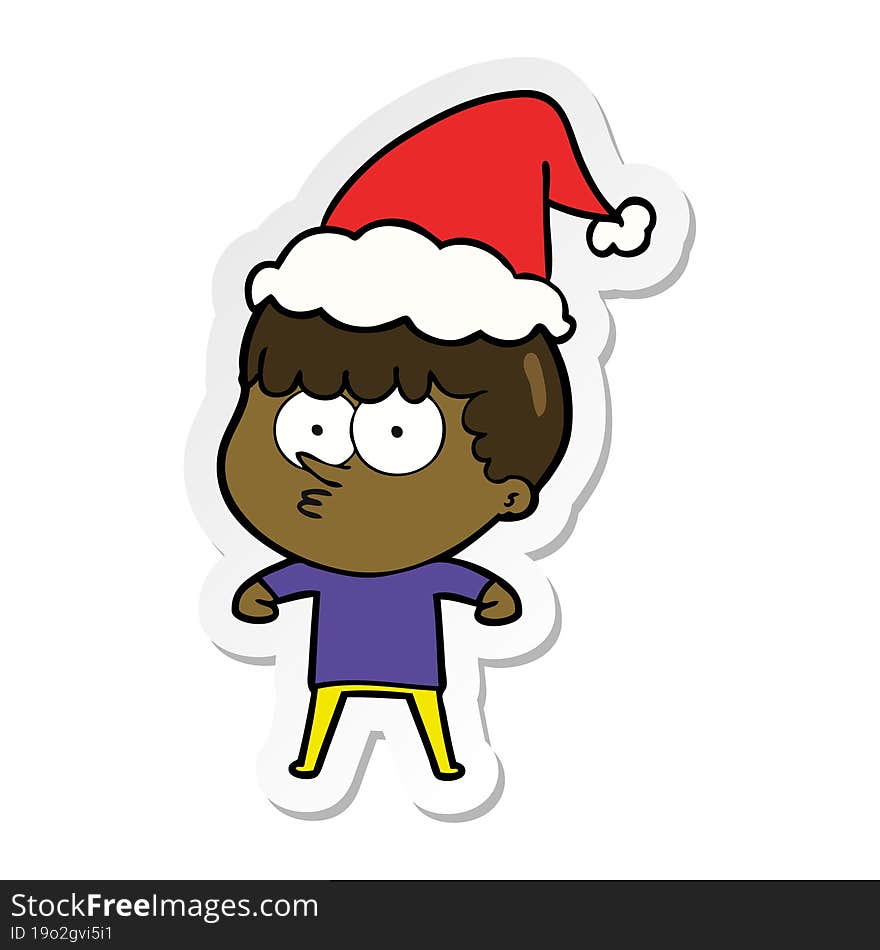 sticker cartoon of a curious boy wearing santa hat