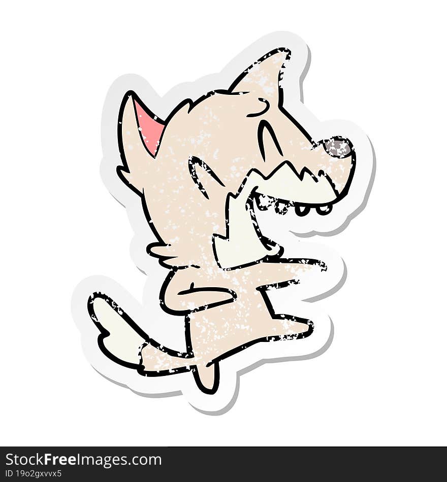 distressed sticker of a laughing fox dancing