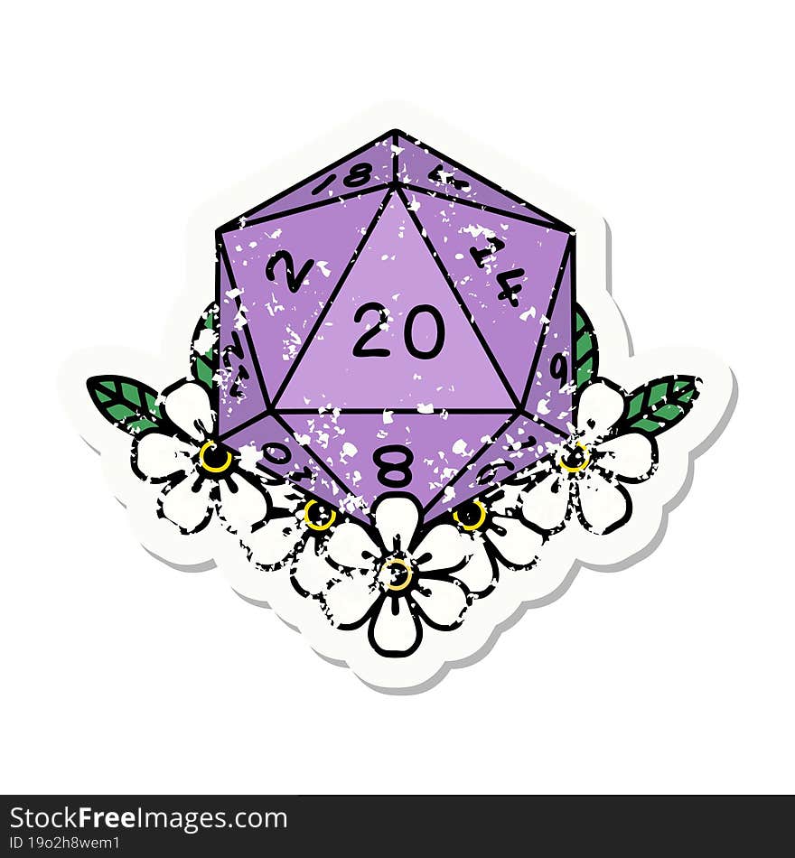 natural 20 D20 dice roll with floral elements grunge sticker