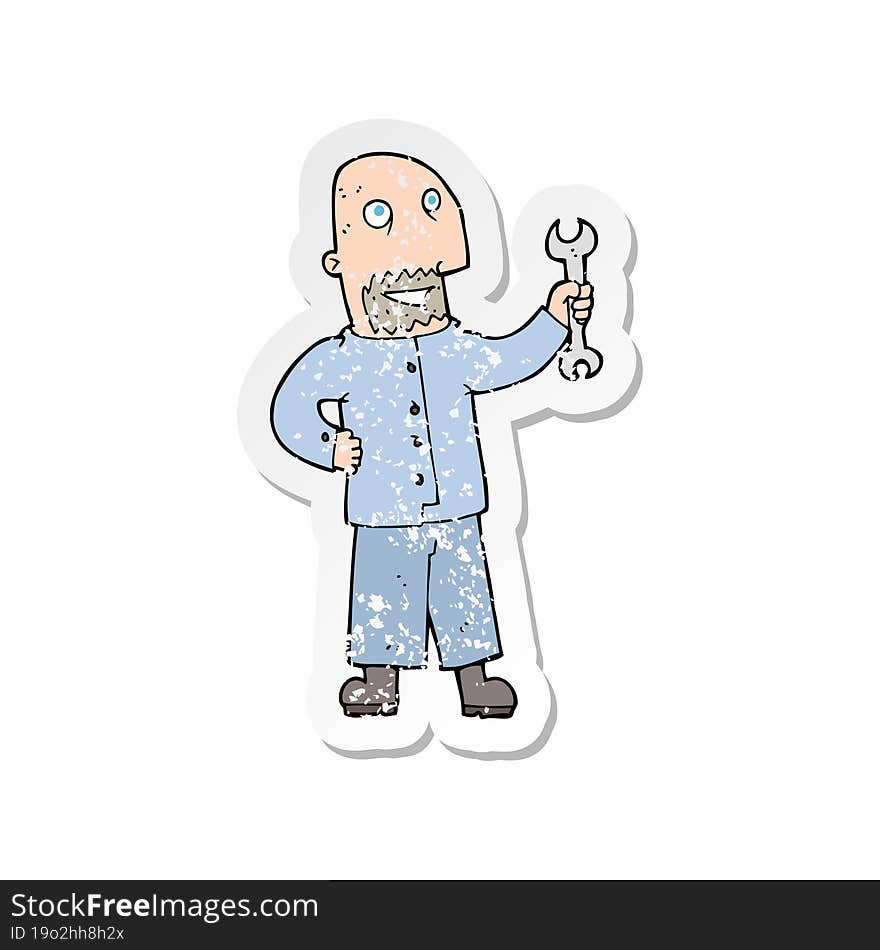 Retro Distressed Sticker Of A Cartoon Mechanic