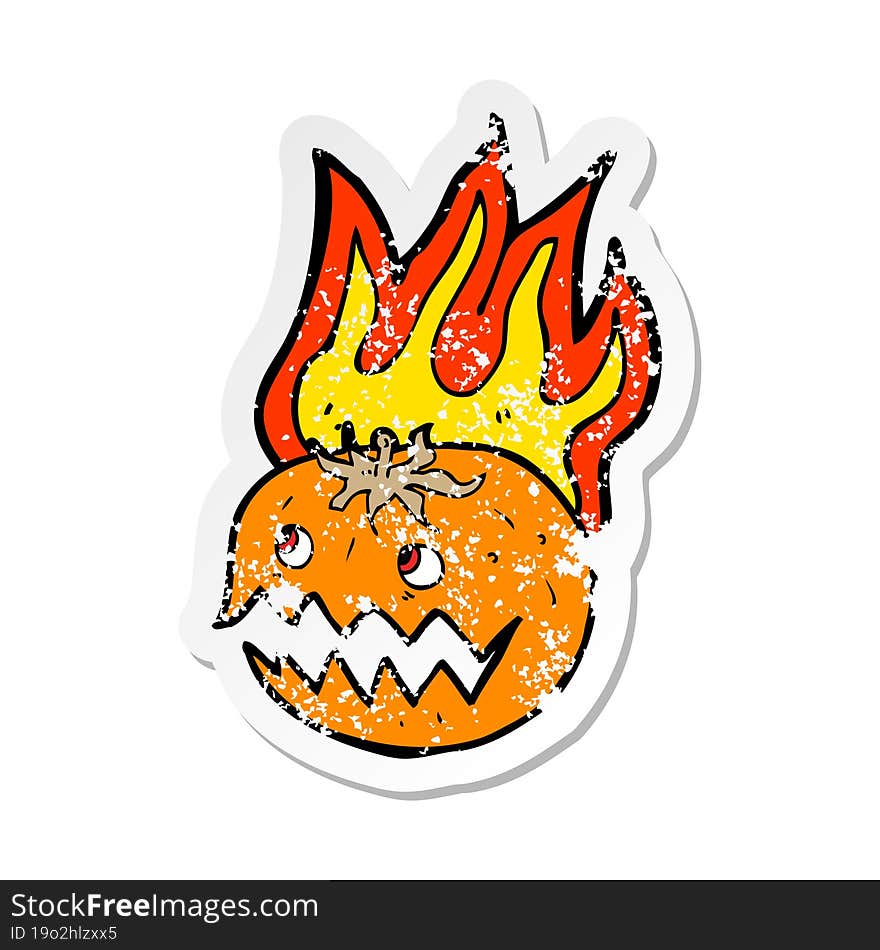 retro distressed sticker of a cartoon flaming pumpkin