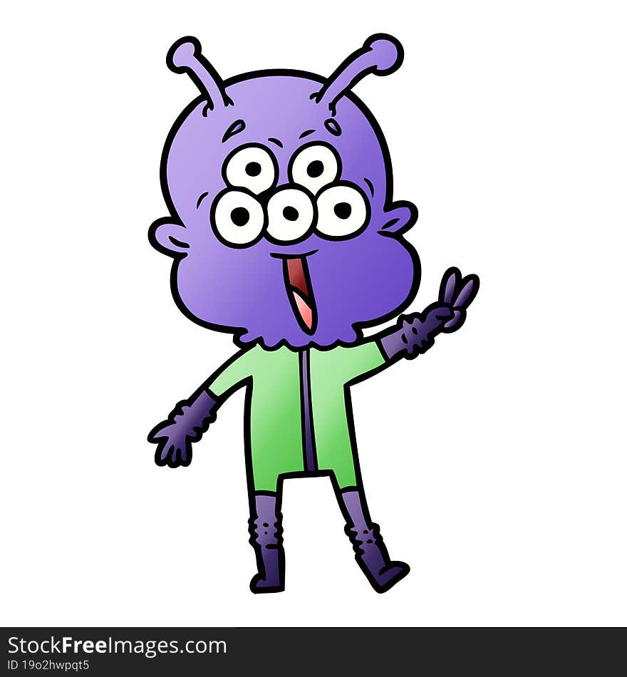 happy cartoon alien waving peace gesture. happy cartoon alien waving peace gesture