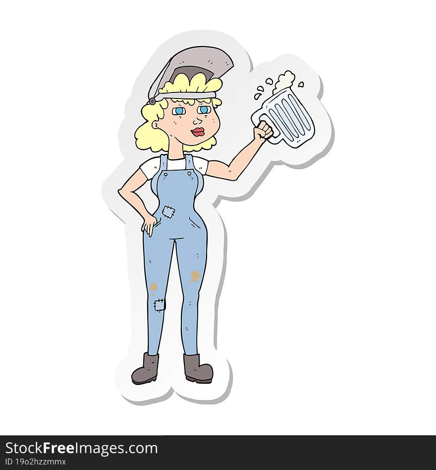 Sticker Of A Cartoon Hard Working Woman With Beer