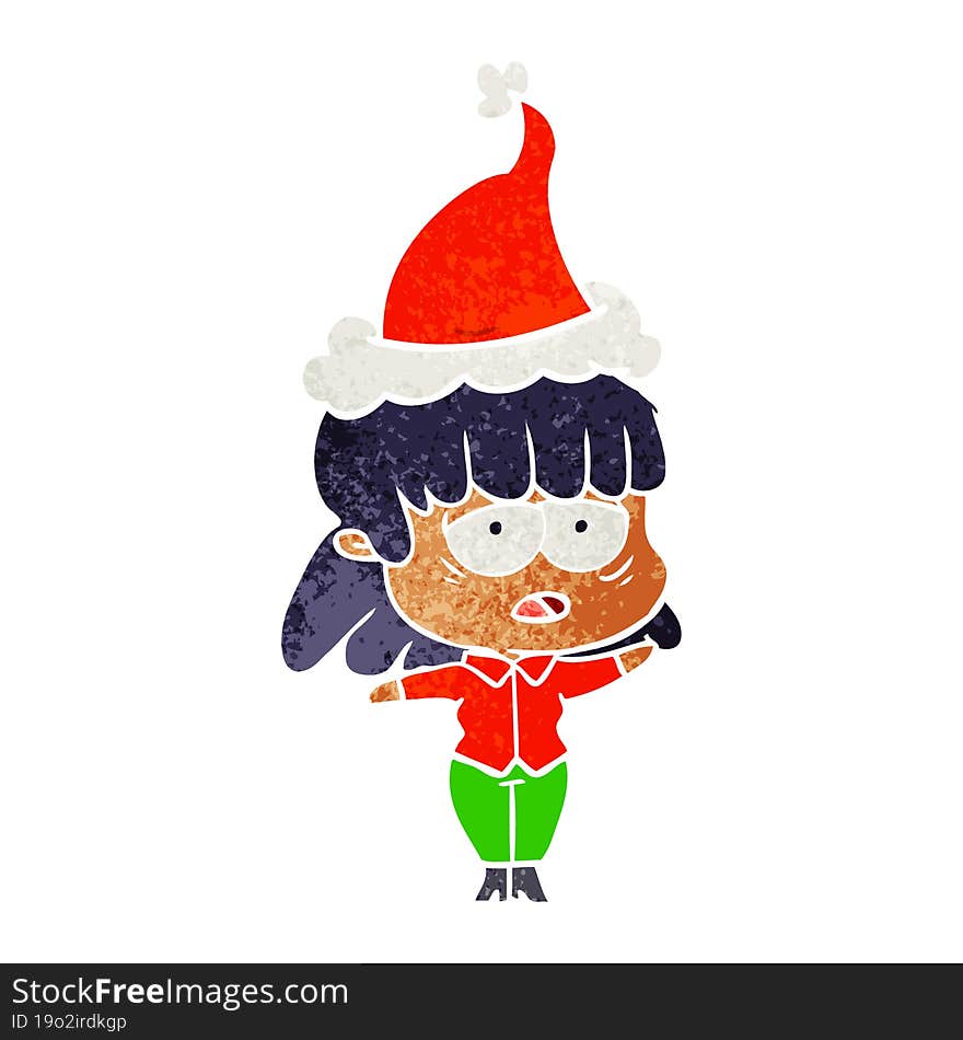 hand drawn retro cartoon of a tired woman wearing santa hat