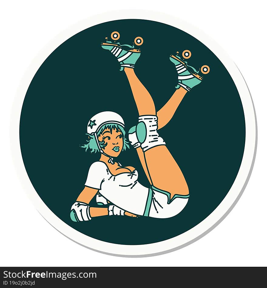 sticker of tattoo in traditional style of a pinup roller derby girl. sticker of tattoo in traditional style of a pinup roller derby girl