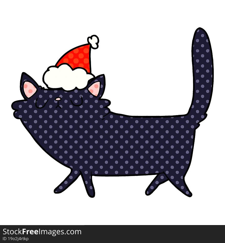 comic book style illustration of a black cat wearing santa hat