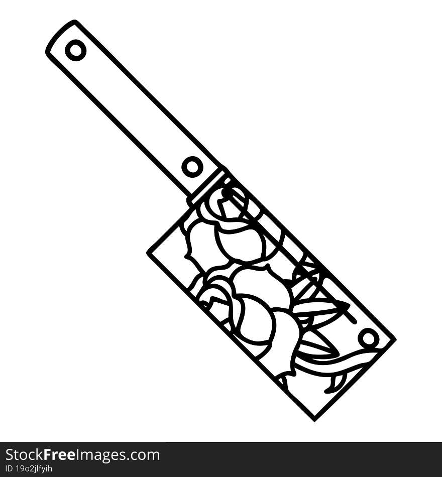 black line tattoo of a cleaver and flowers