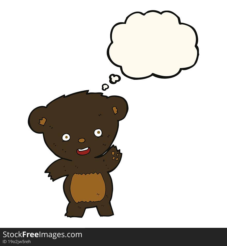 cartoon waving black bear with thought bubble