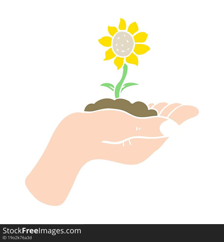 flat color illustration of a cartoon flower growing in palm of hand