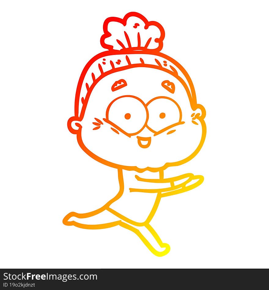 warm gradient line drawing of a cartoon happy old woman