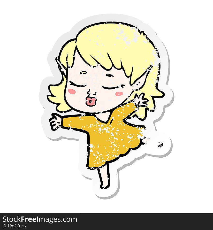 distressed sticker of a pretty cartoon elf girl dancing