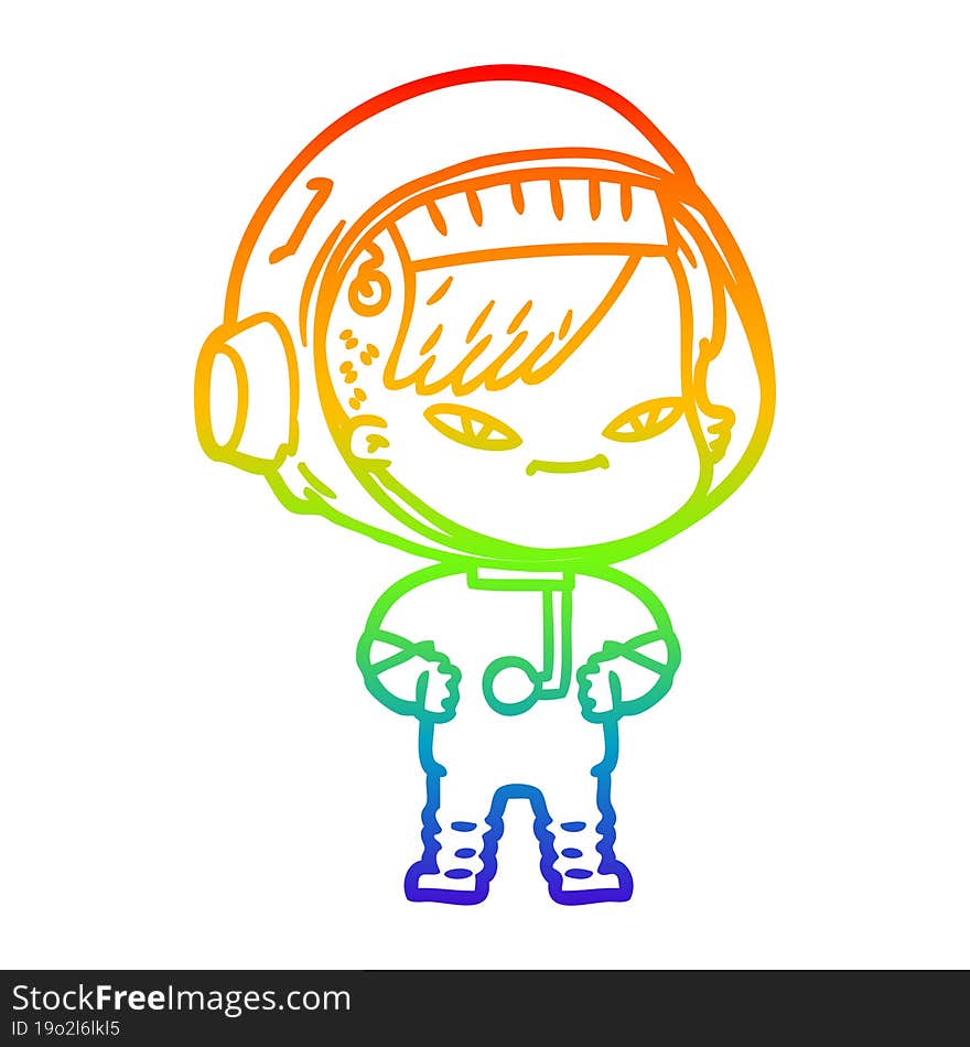 rainbow gradient line drawing of a cartoon astronaut woman