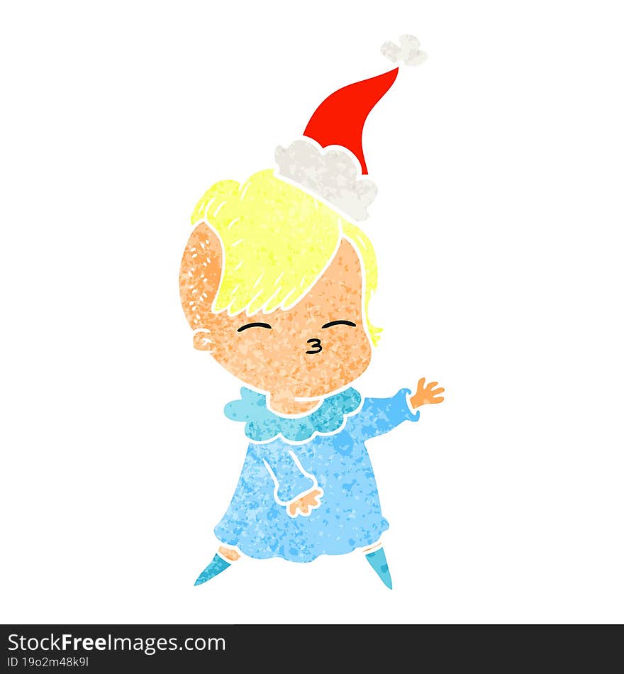 retro cartoon of a squinting girl wearing santa hat