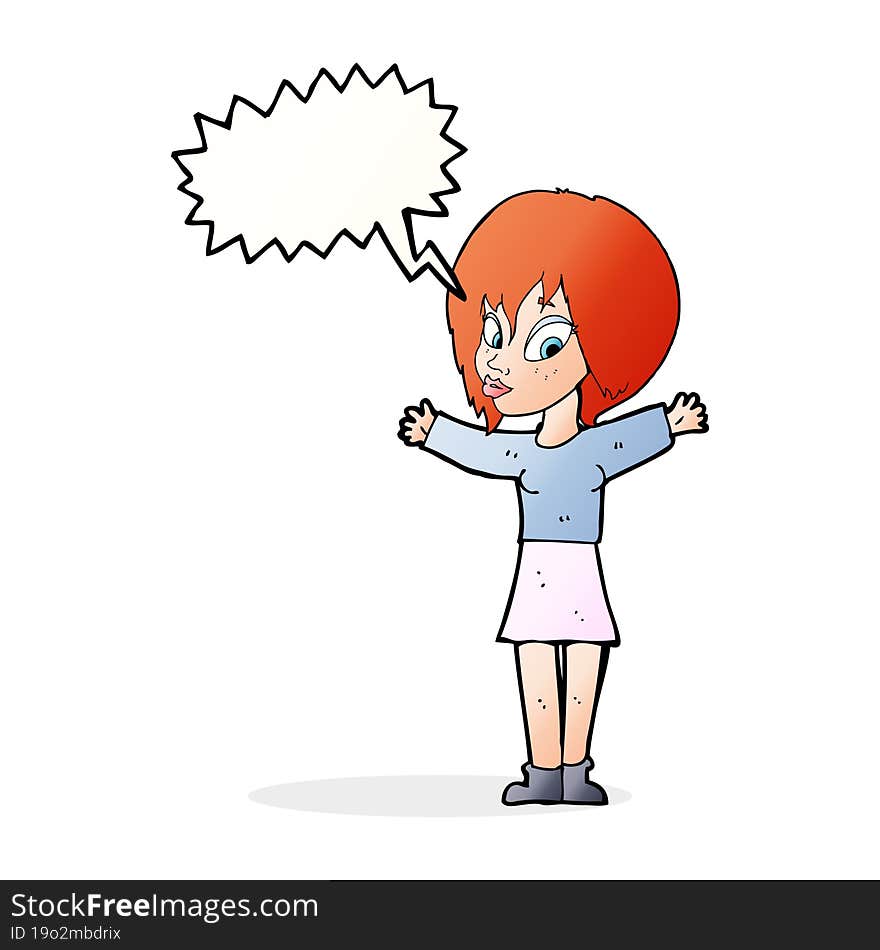 Cartoon Woman With Open Arms With Speech Bubble