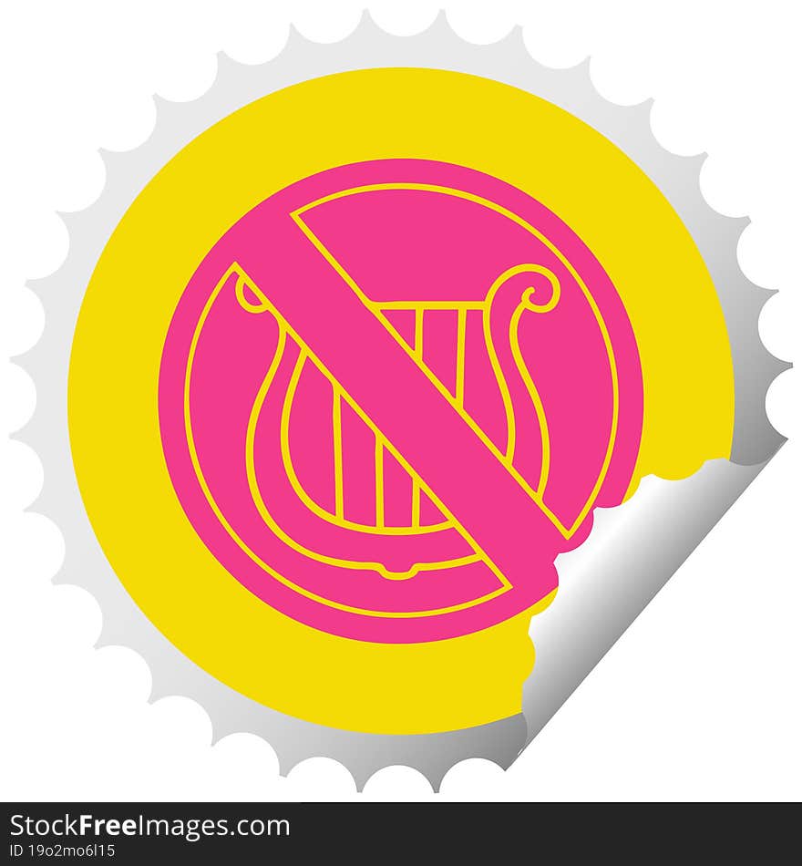 circular peeling sticker cartoon of a no music allowed sign