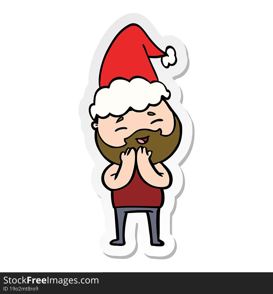 sticker cartoon of a happy bearded man wearing santa hat