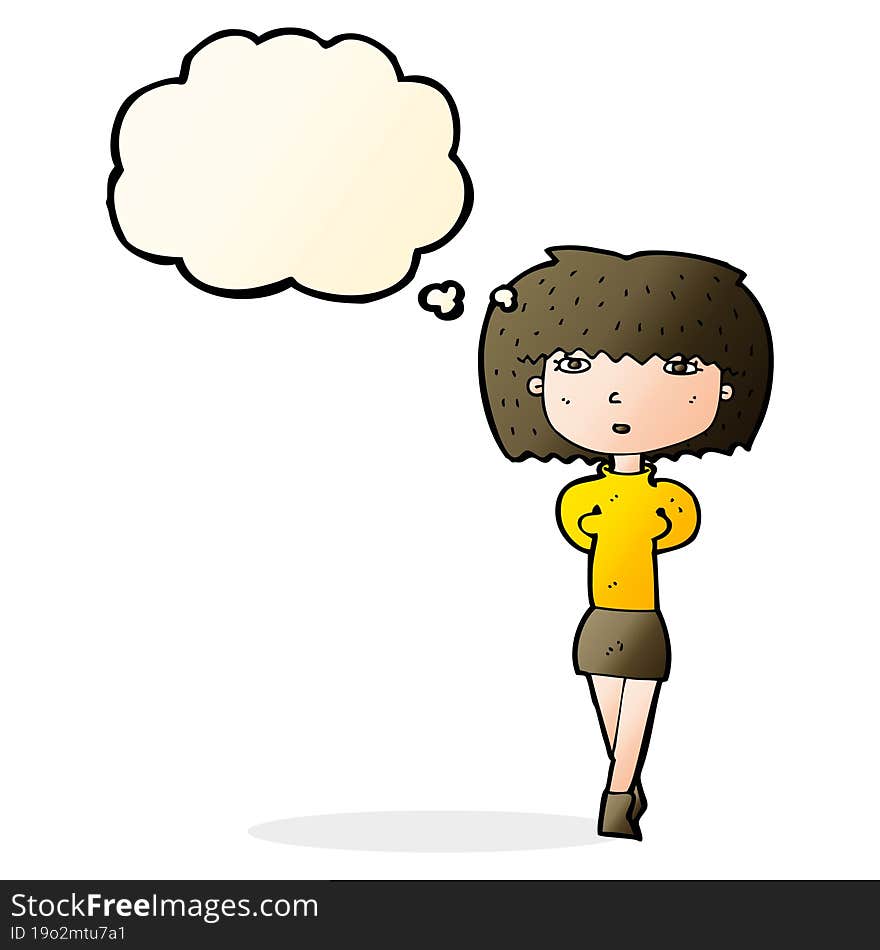 cartoon shy woman with thought bubble