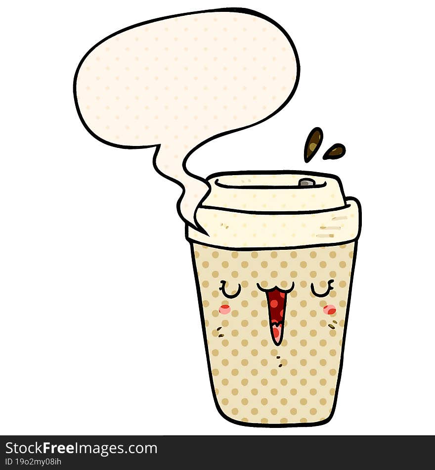 cartoon coffee cup and speech bubble in comic book style