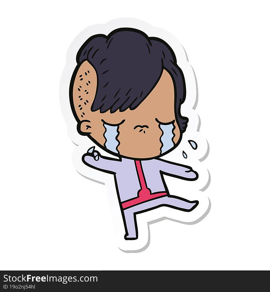 Sticker Of A Cartoon Crying Girl Wearing Space Clothes