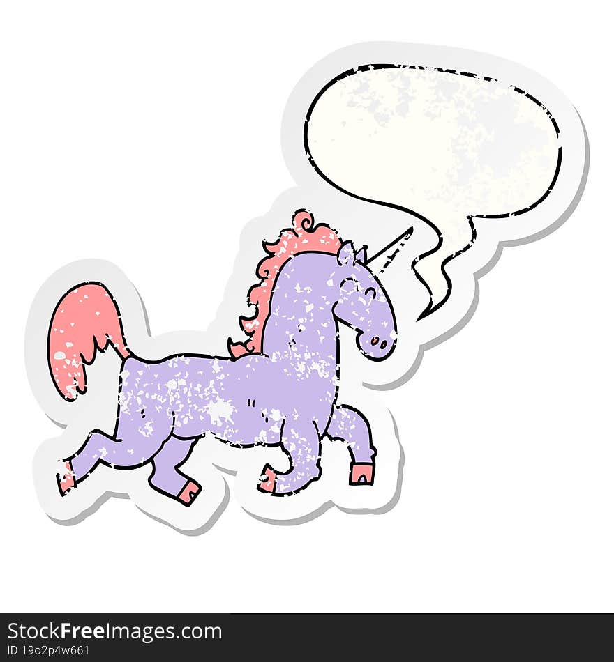 cartoon unicorn with speech bubble distressed distressed old sticker. cartoon unicorn with speech bubble distressed distressed old sticker