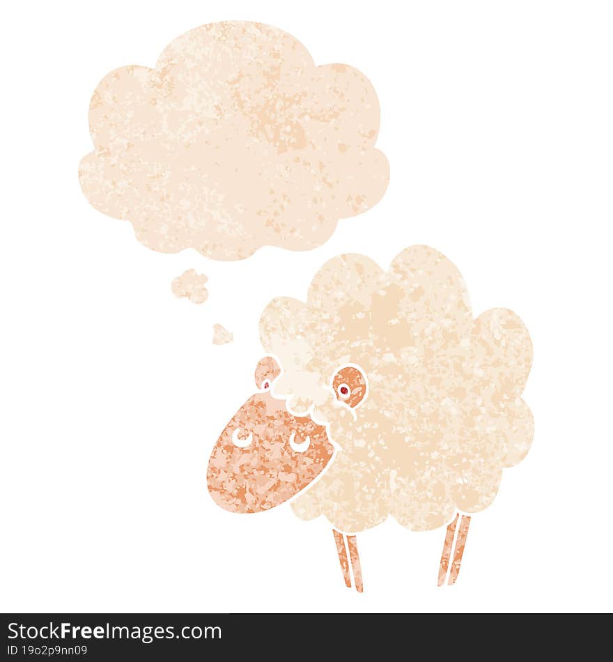 cartoon sheep and thought bubble in retro textured style