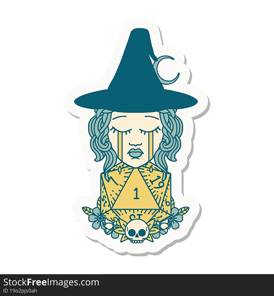 sticker of a crying human witch with natural one D20 dice roll. sticker of a crying human witch with natural one D20 dice roll