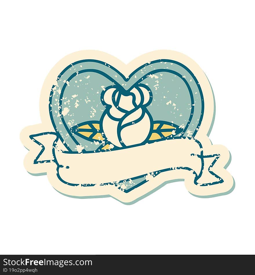 Distressed Sticker Tattoo Style Icon Of A Heart Rose And Banner