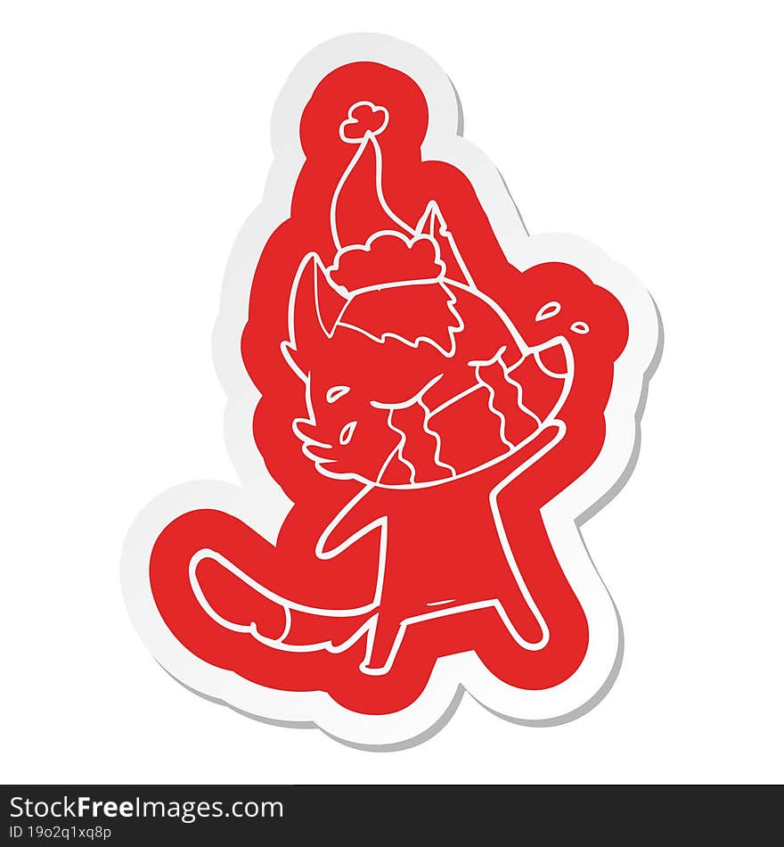 cartoon  sticker of a crying wolf wearing santa hat