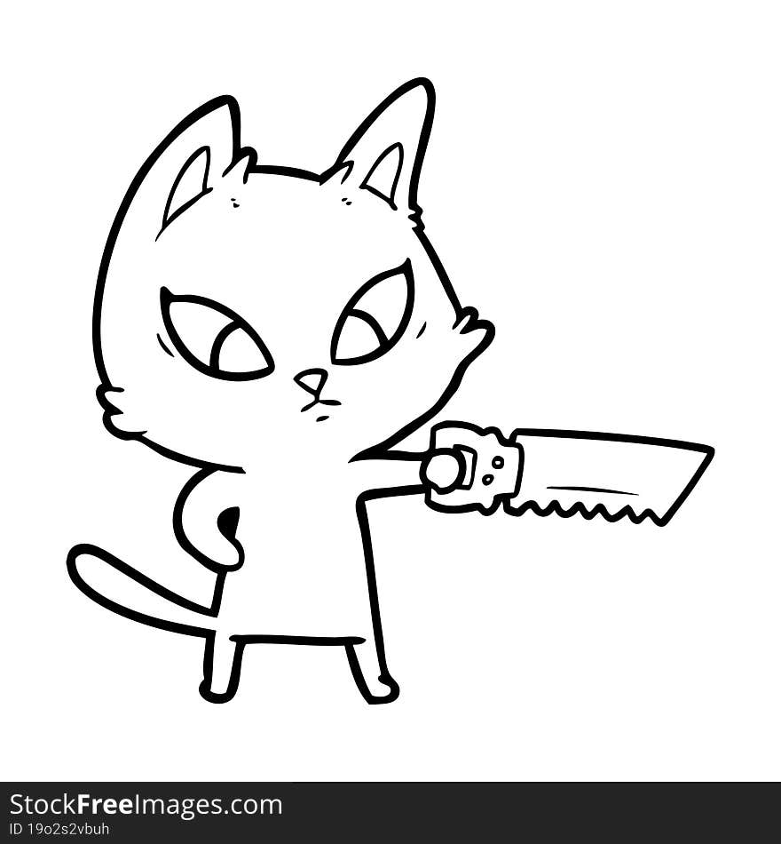 confused cartoon cat with saw. confused cartoon cat with saw